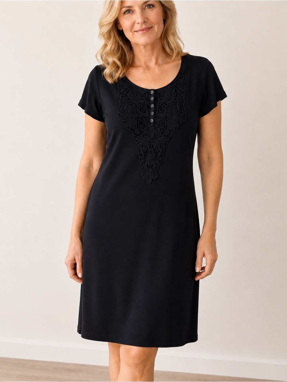 Lauren Ralph Lauren Black 100% Cotton T-Shift Dress XL Crochet Bib Short Sleeve